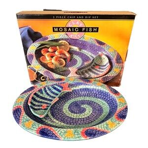 Vtg 90s CLAY ART Mosaic Fish 2pc Chip Dip Platter Set w/Box Pastels Retro Party